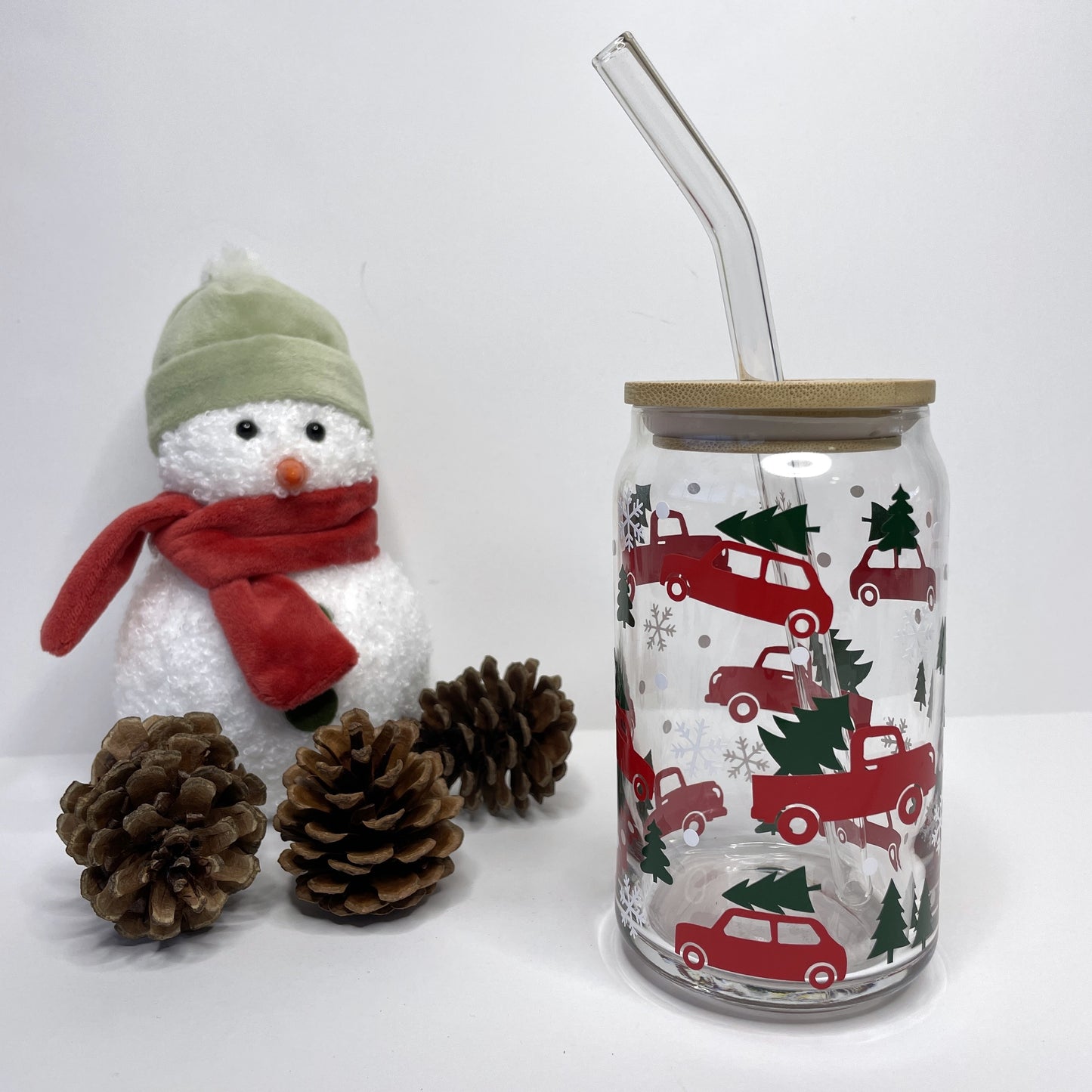 Vintage Red Truck with Christmas Tree Farm Glass Can Cup with Bamboo Lid and Straw
