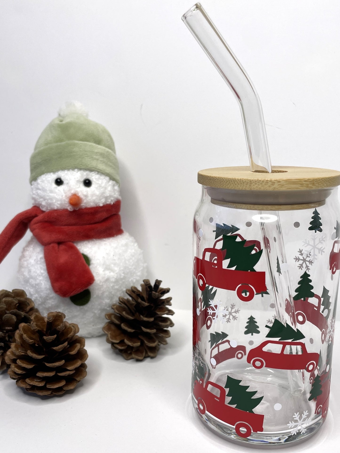 Vintage Red Truck with Christmas Tree Farm Glass Can Cup with Bamboo Lid and Straw