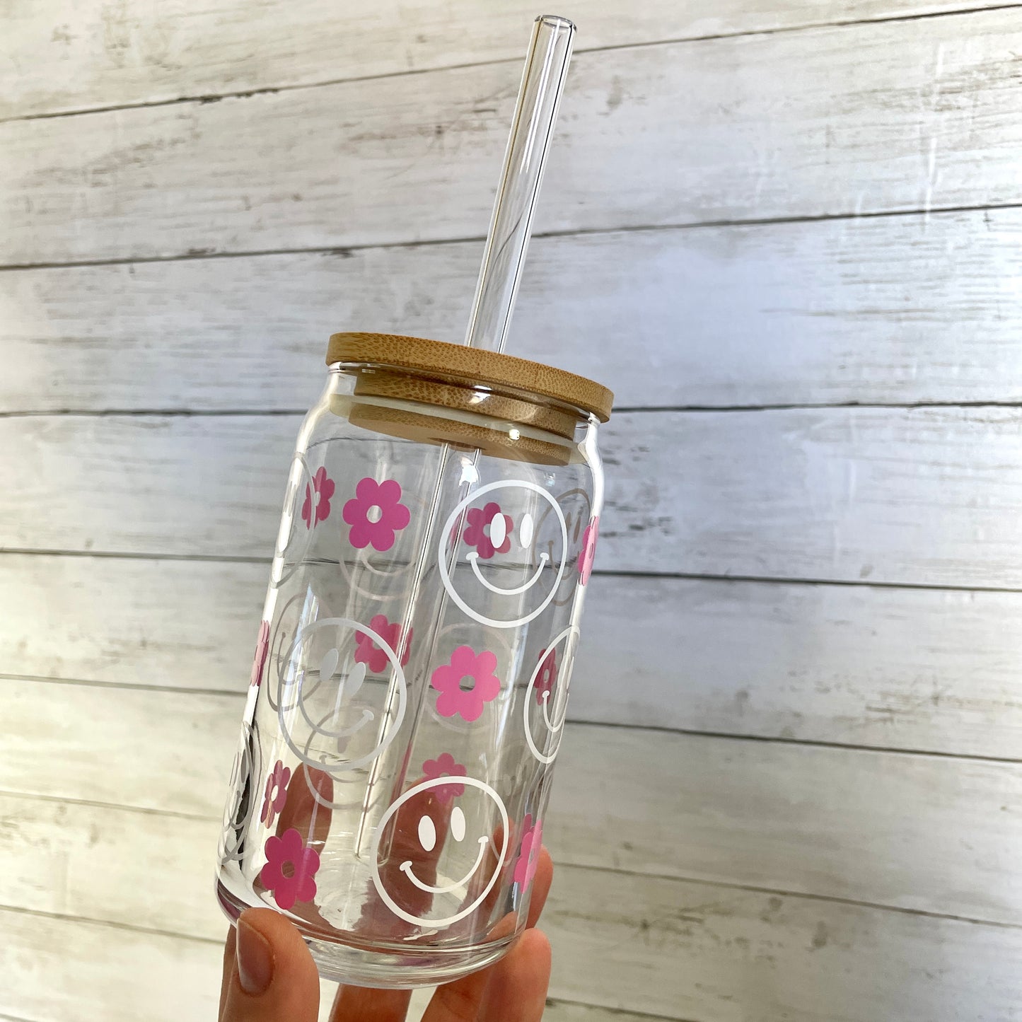 Pink Retro Flower Smiley Face Glass Can Cup with Bamboo Lid and Straw