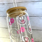 Pink Retro Flower Smiley Face Glass Can Cup with Bamboo Lid and Straw