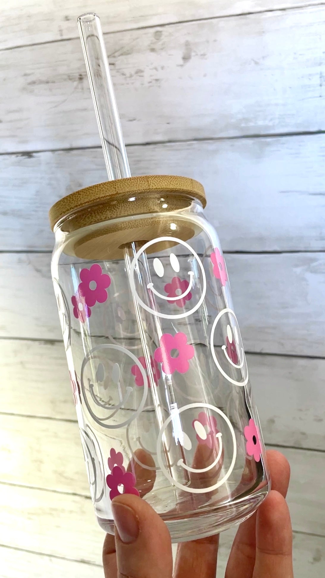 Pink Retro Flower Smiley Face Glass Can Cup with Bamboo Lid and Straw