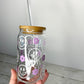 Purple Retro Flower Smiley Face Glass Can Cup with Bamboo Lid and Straw