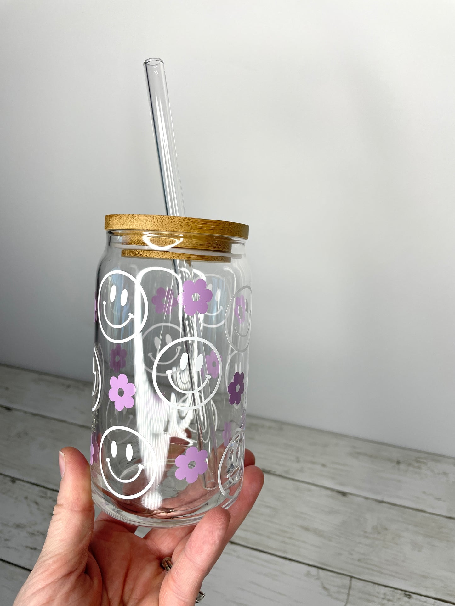Purple Retro Flower Smiley Face Glass Can Cup with Bamboo Lid and Straw