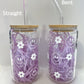 Pink Retro Flower Smiley Face Glass Can Cup with Bamboo Lid and Straw