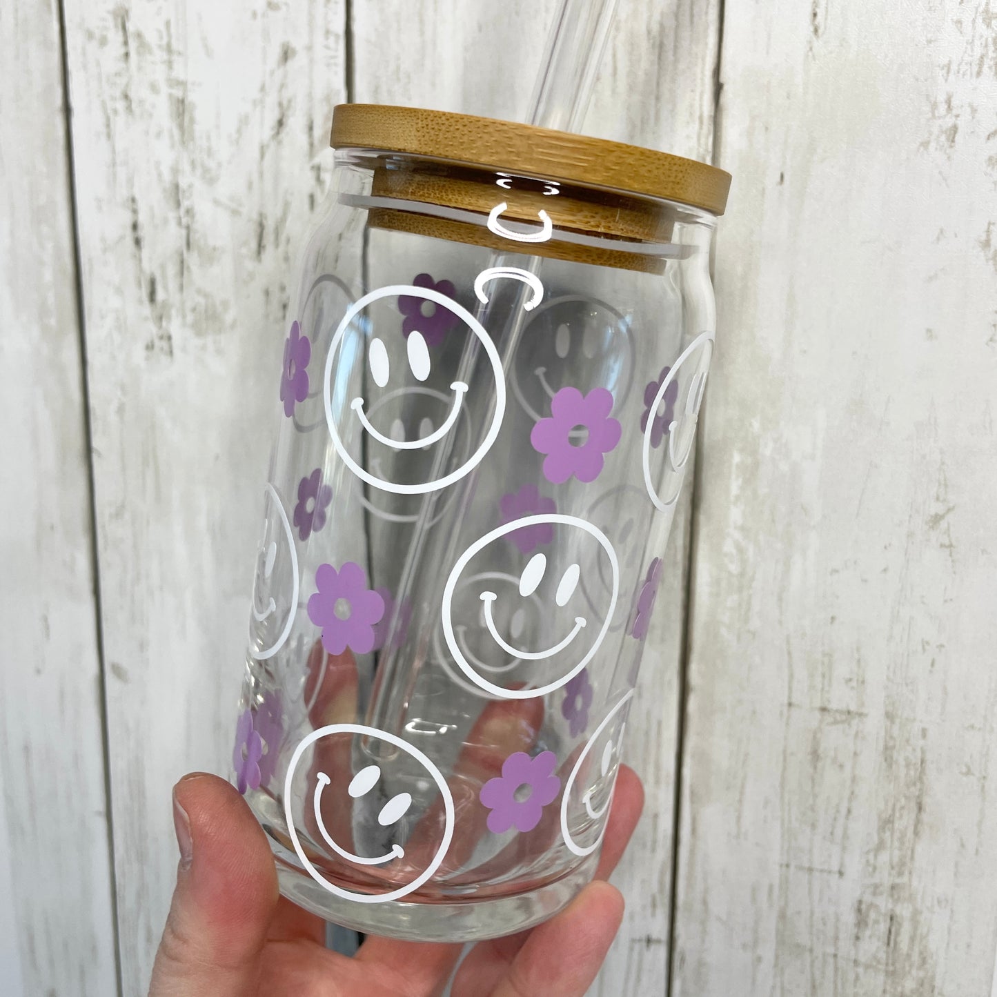 Purple Retro Flower Smiley Face Glass Can Cup with Bamboo Lid and Straw