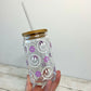 Purple Retro Flower Smiley Face Glass Can Cup with Bamboo Lid and Straw