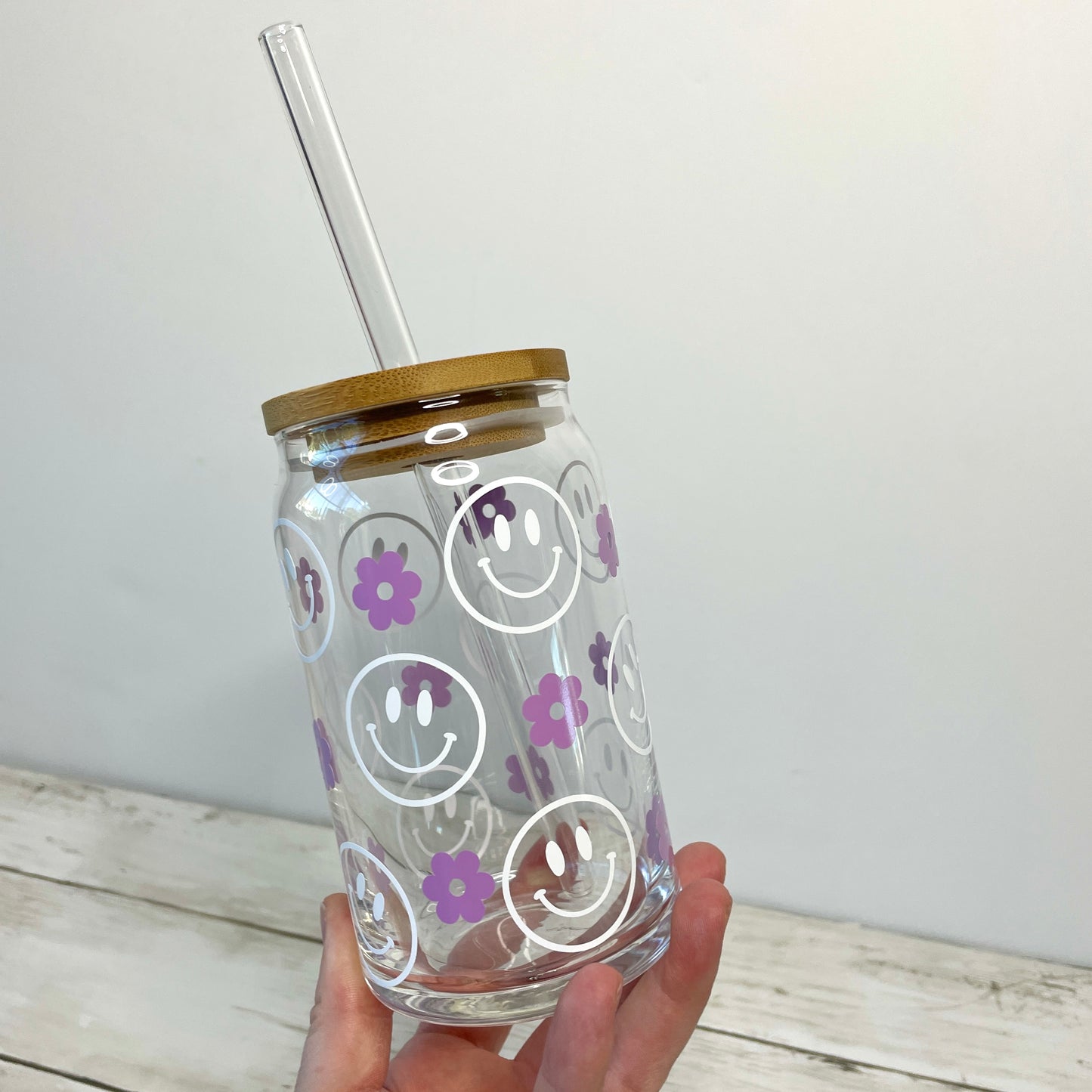 Purple Retro Flower Smiley Face Glass Can Cup with Bamboo Lid and Straw