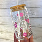 Pink Retro Flower Smiley Face Glass Can Cup with Bamboo Lid and Straw