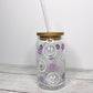 Purple Retro Flower Smiley Face Glass Can Cup with Bamboo Lid and Straw