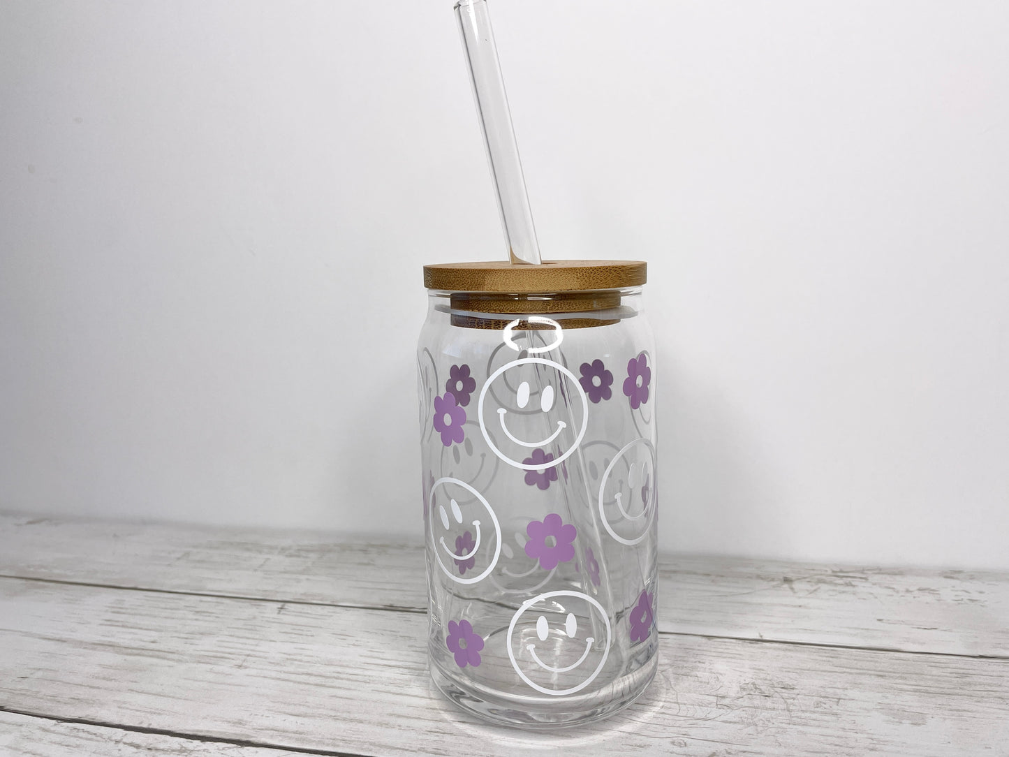 Purple Retro Flower Smiley Face Glass Can Cup with Bamboo Lid and Straw