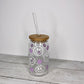 Purple Retro Flower Smiley Face Glass Can Cup with Bamboo Lid and Straw
