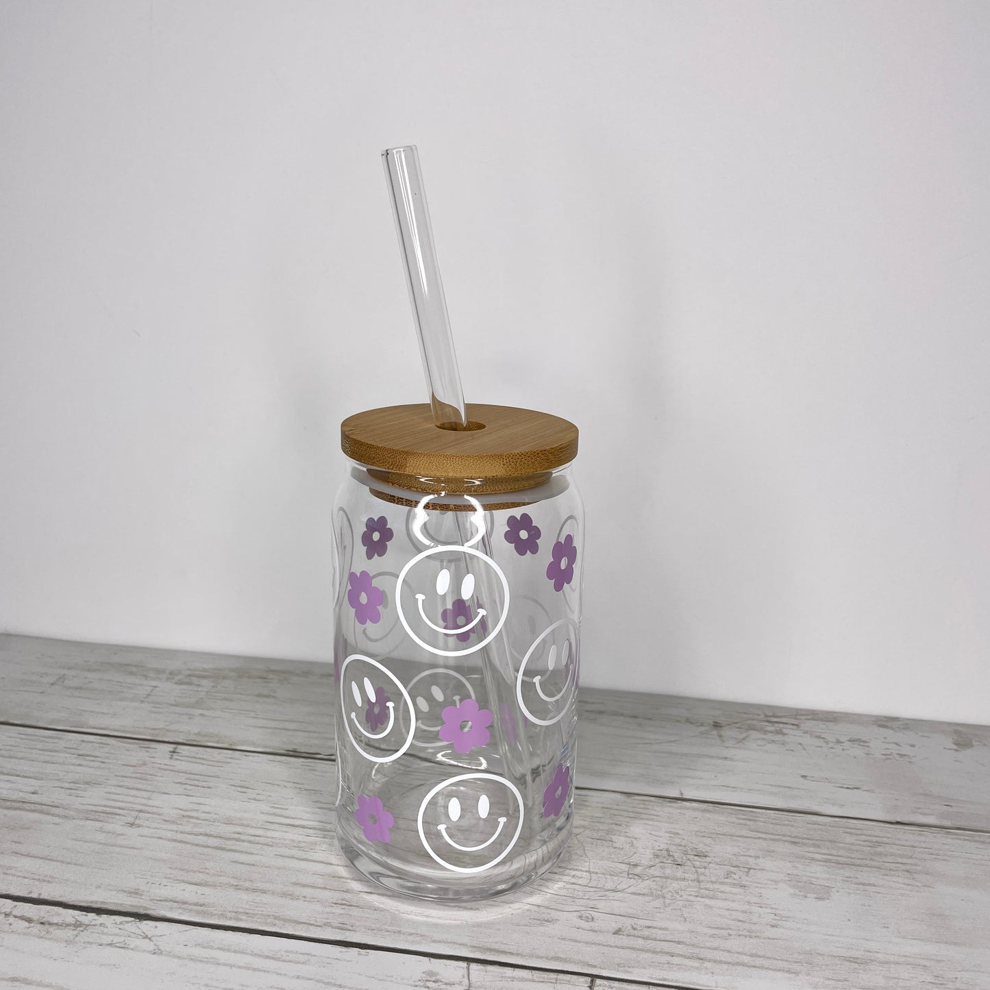 Purple Retro Flower Smiley Face Glass Can Cup with Bamboo Lid and Straw